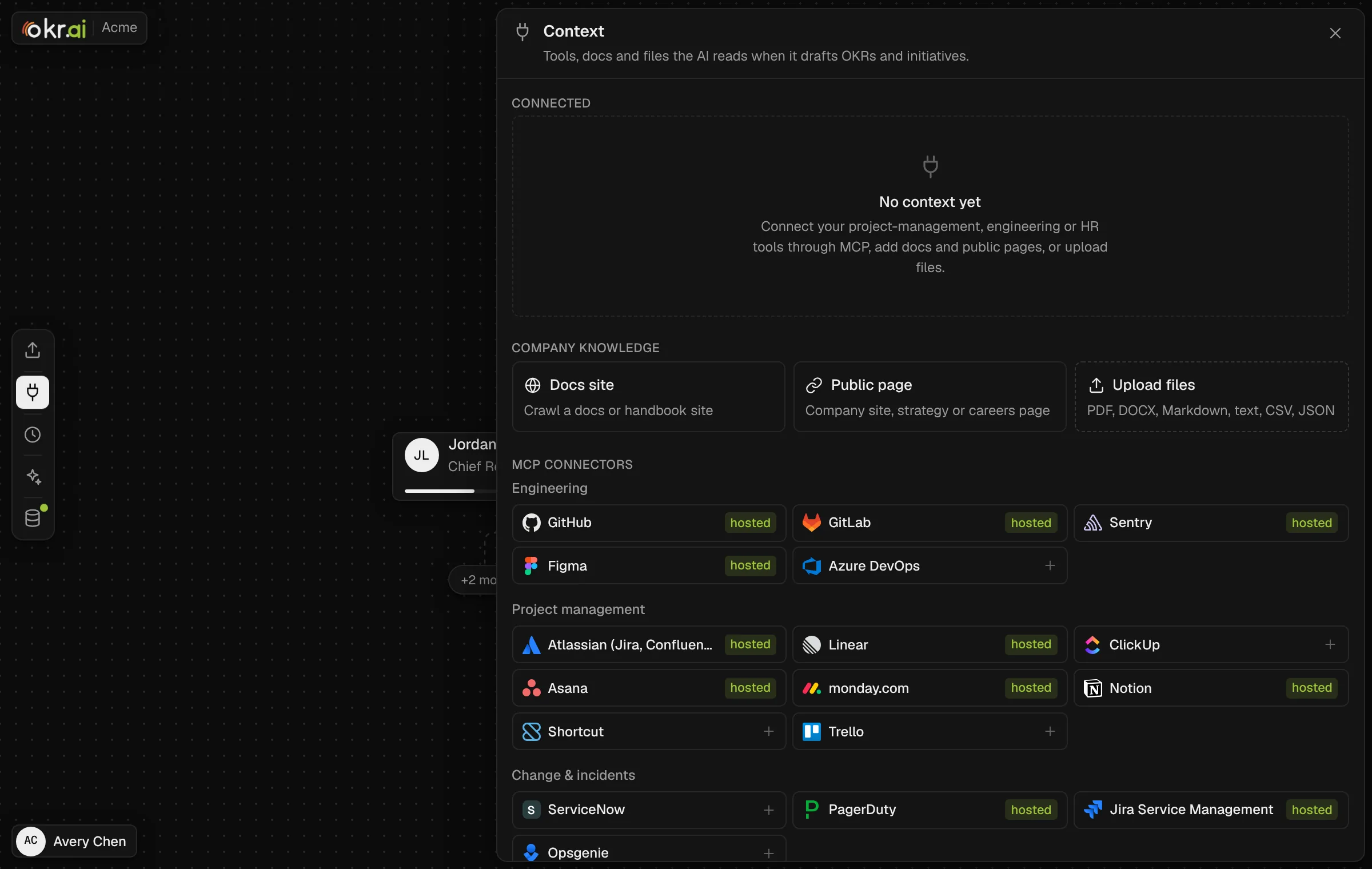 Context panel listing MCP connectors, dark mode