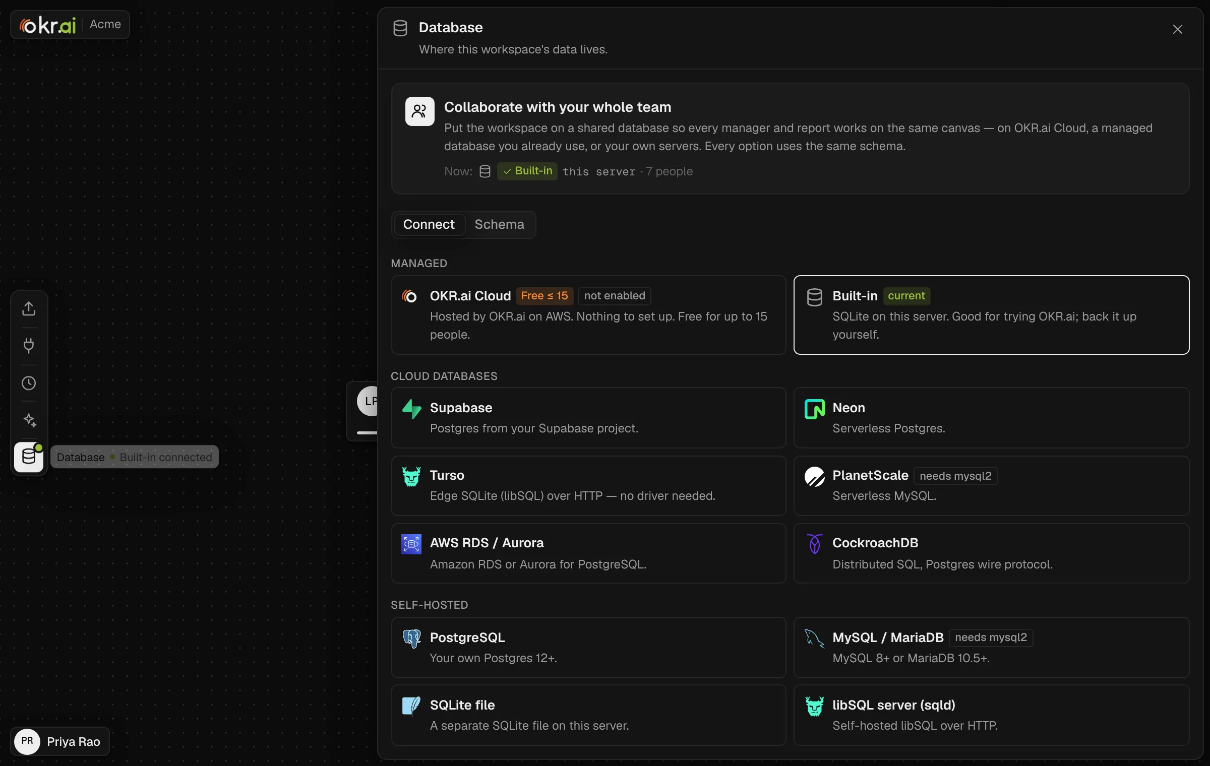 Database panel with SQLite, Postgres, MySQL and managed options, dark mode