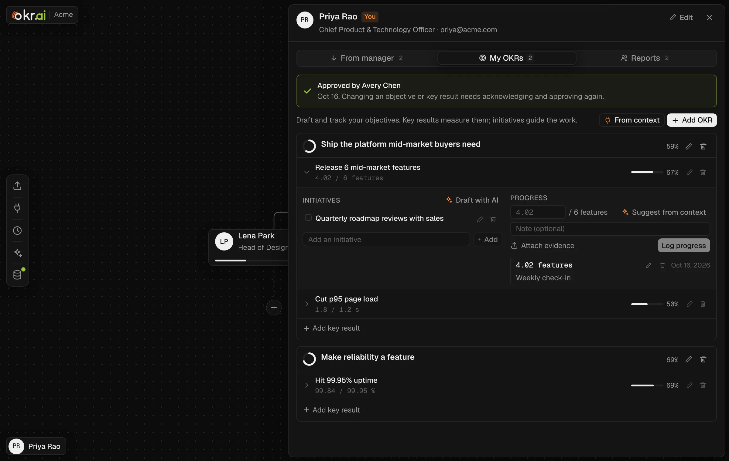My OKRs drawer with key results, initiatives and a progress log, dark mode